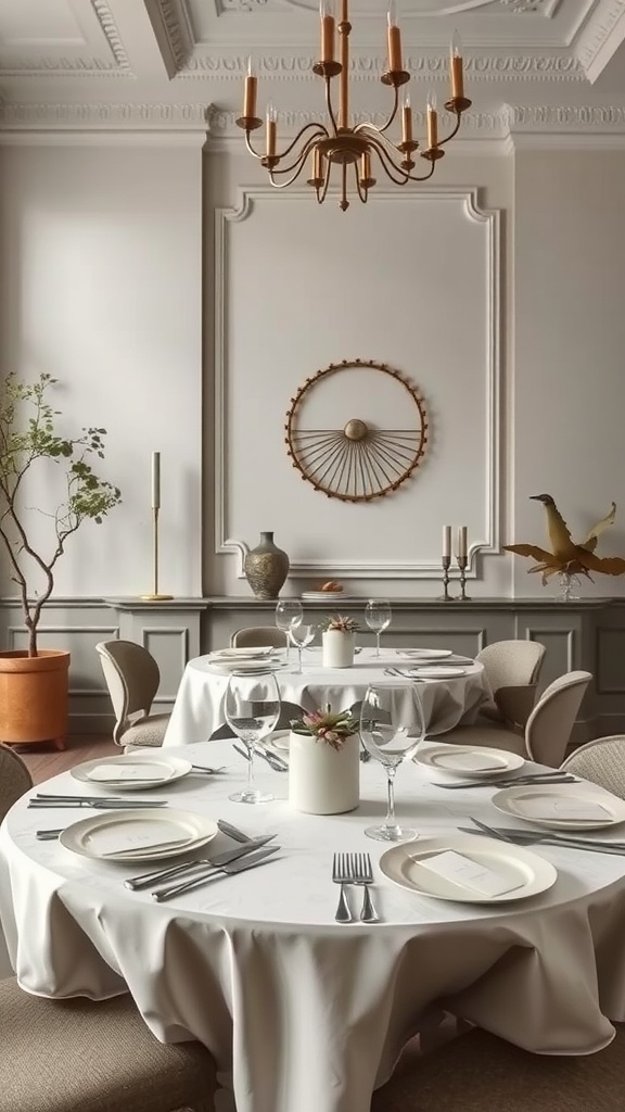 A dining room with pale gray decor and dusty olive accents, featuring a round table set for dinner, a chandelier, and decorative wall elements.