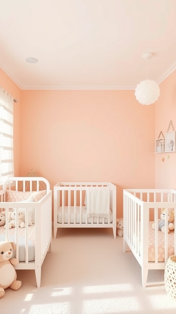 A cozy nursery with pale peach walls and white cribs, featuring stuffed animals and soft lighting.