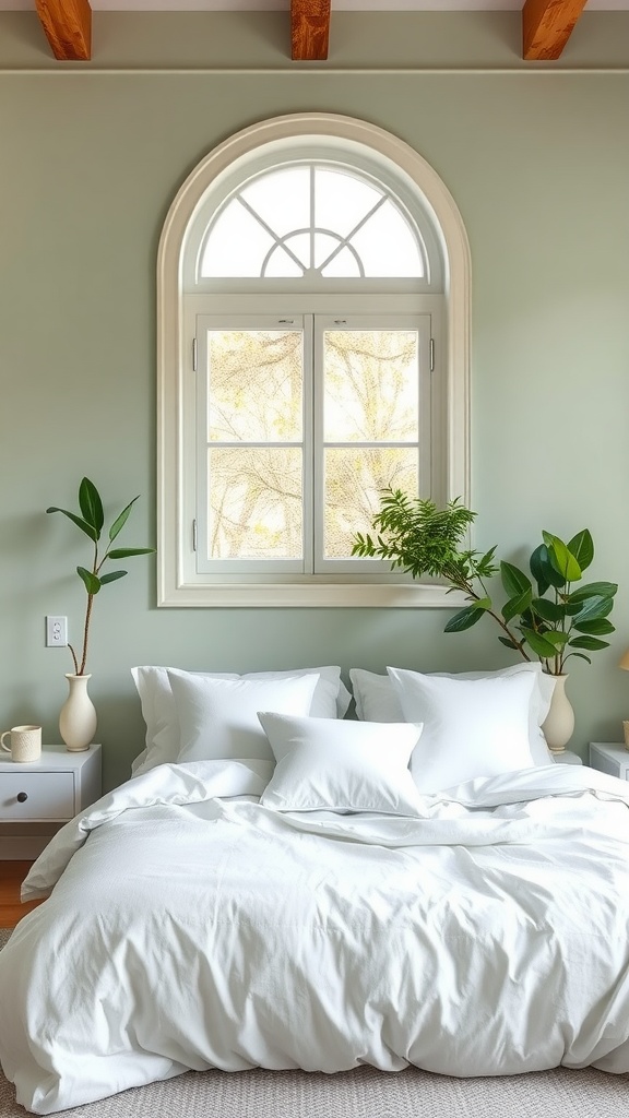 A bedroom featuring pale sage walls, white bedding, and plants, with a large window providing natural light.