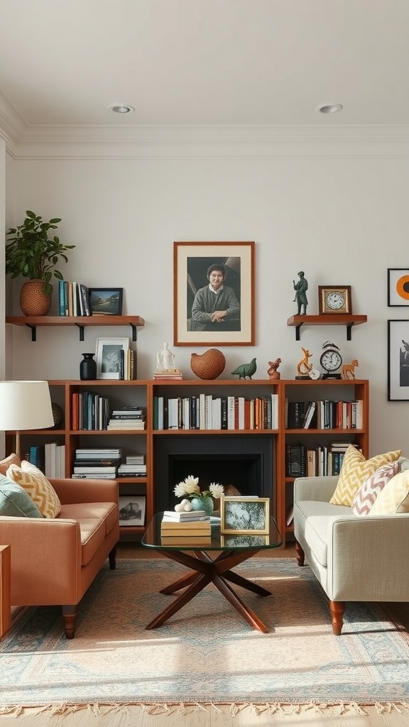 A cozy living room featuring personalized collections on bookshelves, warm-colored furniture, and a gallery-style wall.