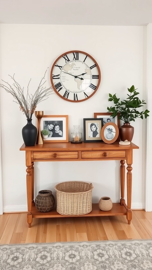 A wooden console table with family photos, a clock, plants, and decorative baskets.
