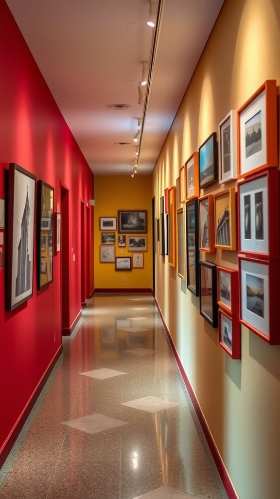Vibrant hallway with a gallery wall featuring various framed artworks and photographs.