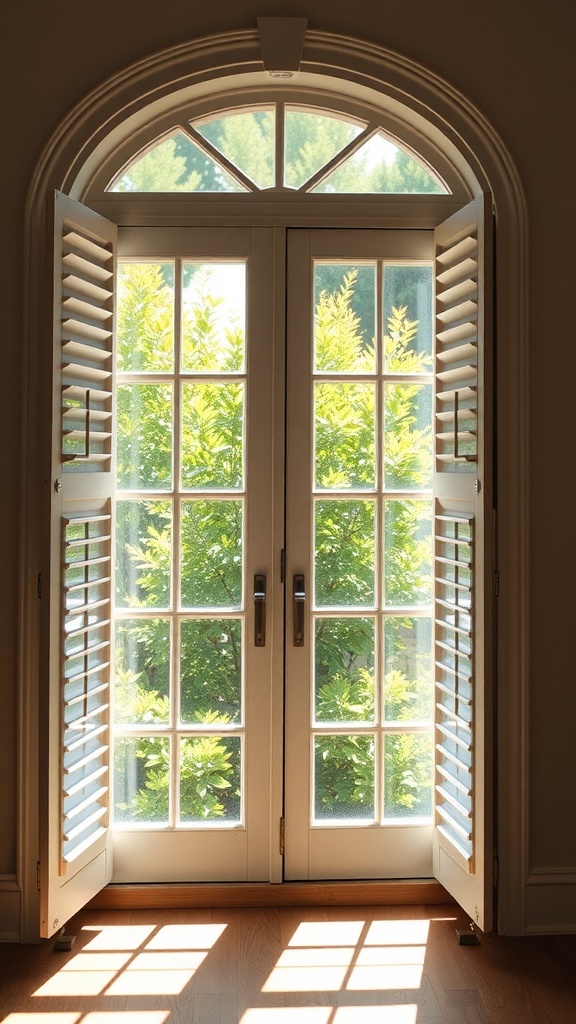 Interior view of plantation style shutters framing a door with sunlight illuminating the space.