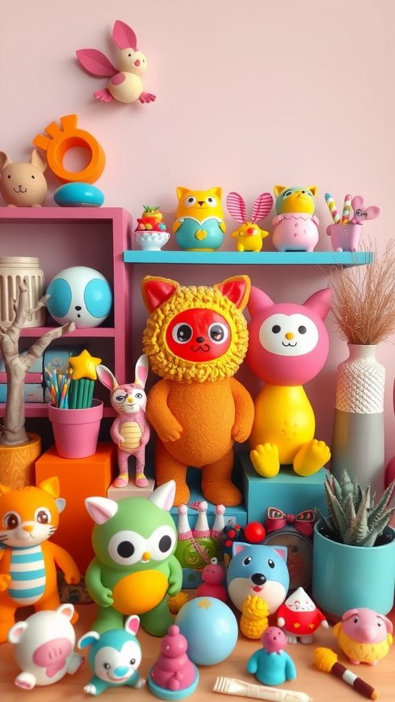 A colorful display of playful accessories including animal figurines, plants, and decorative items.