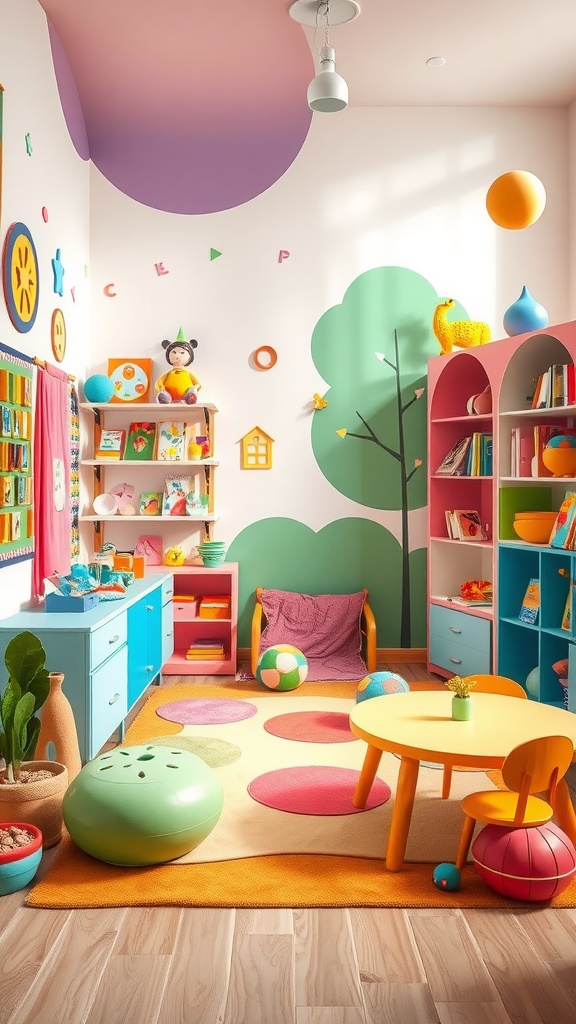 A colorful and playful kids' room filled with bright furniture, whimsical decorations, and a cozy rug.