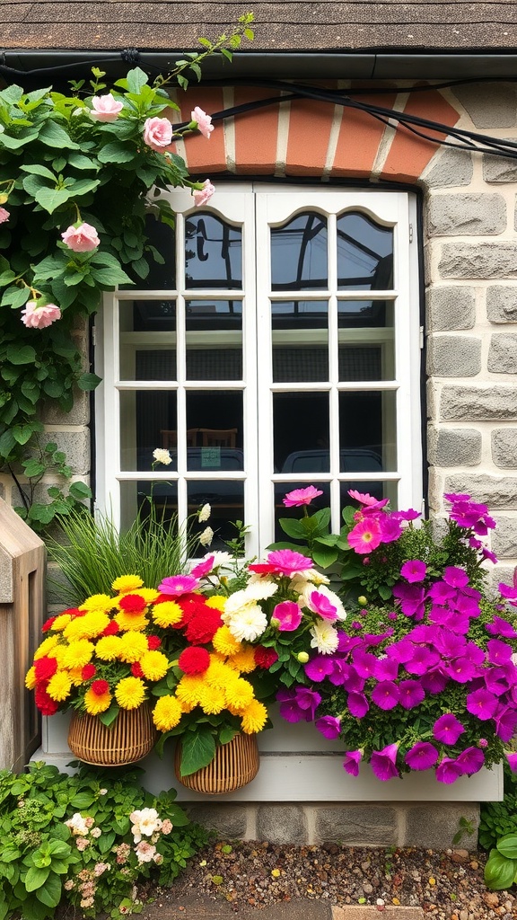 A quaint cottage window with vibrant flower boxes overflowing with colorful flowers