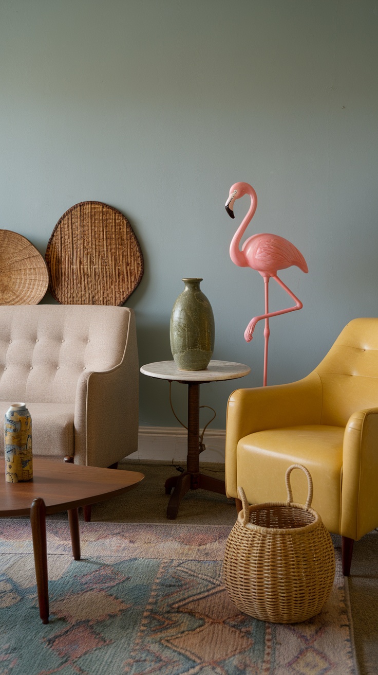 A cozy retro interior featuring eclectic furniture, vibrant wall art, and quirky decor elements.