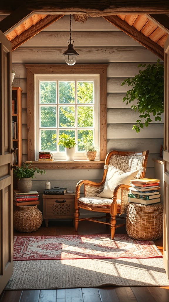 A cozy reading nook with a chair, books, and plants near a window.