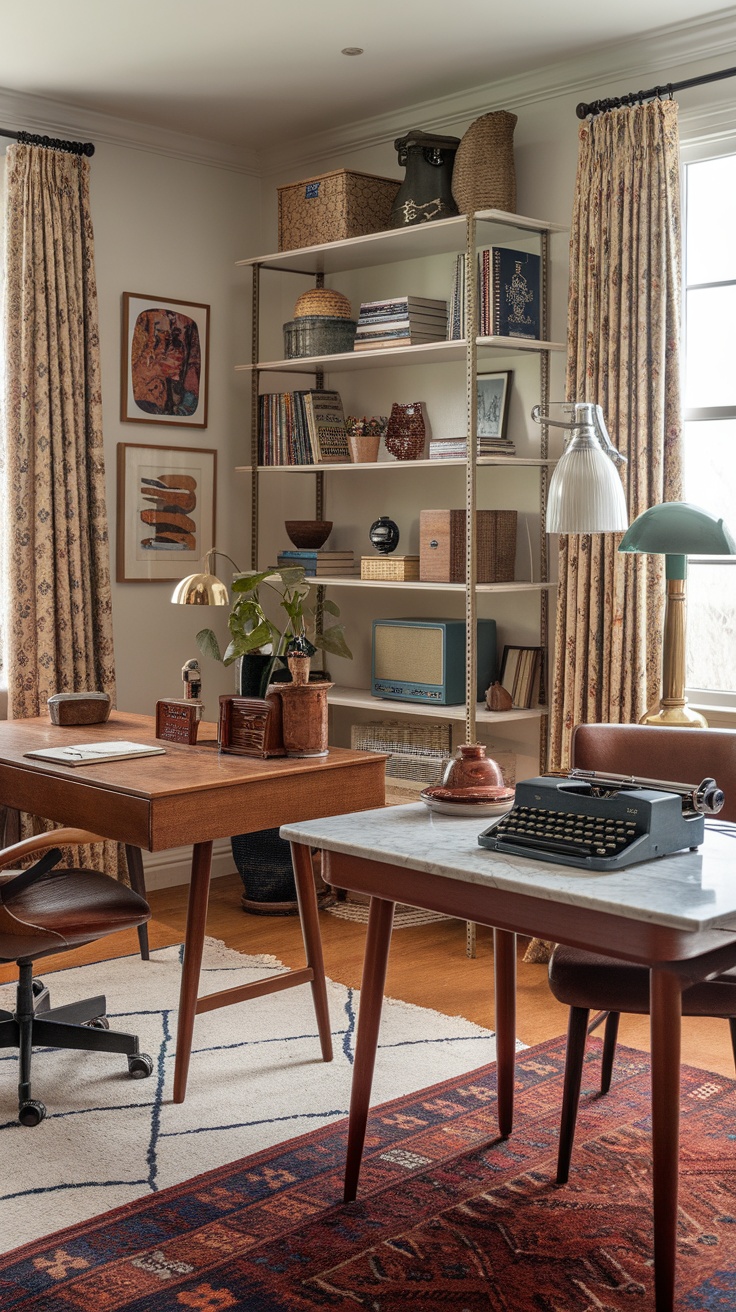 A cozy retro-inspired home office featuring wooden furniture, vintage decor, and framed artwork.