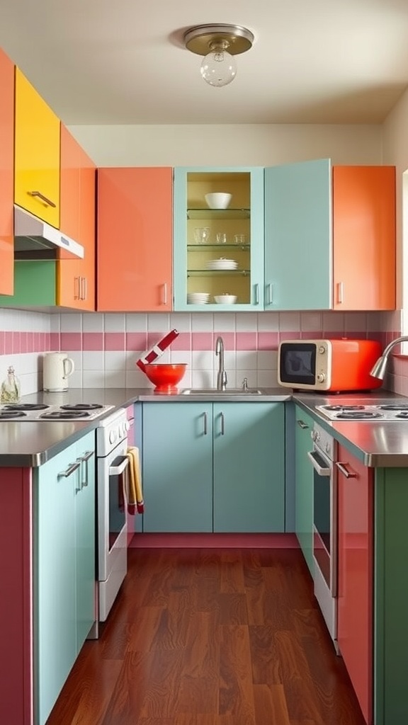 A colorful retro-inspired kitchen featuring orange and aqua cabinets, stainless steel appliances, and wooden flooring.