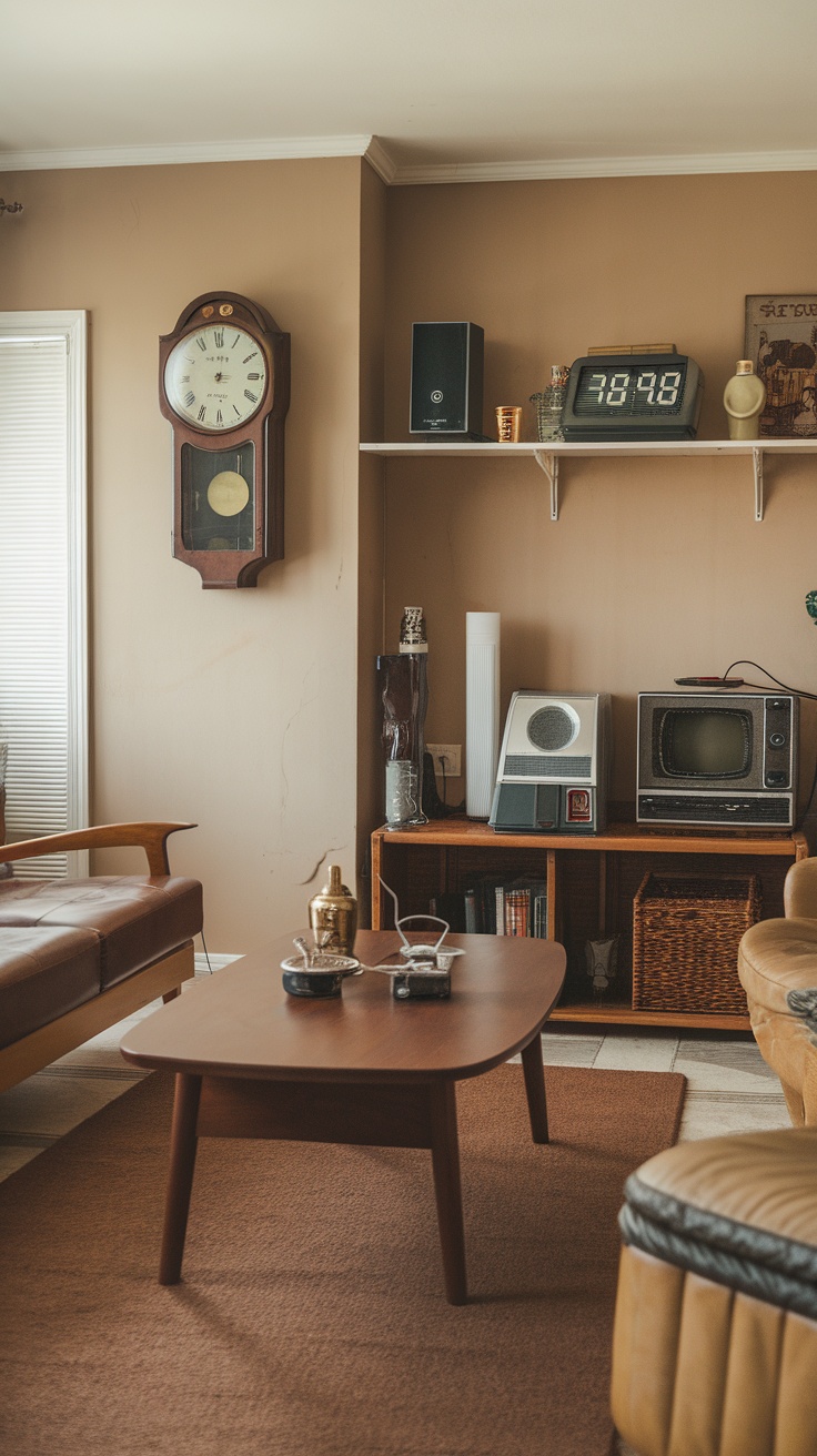 A cozy living room decorated with an array of vintage clocks on the wall, retro TVs, and comfortable furniture.