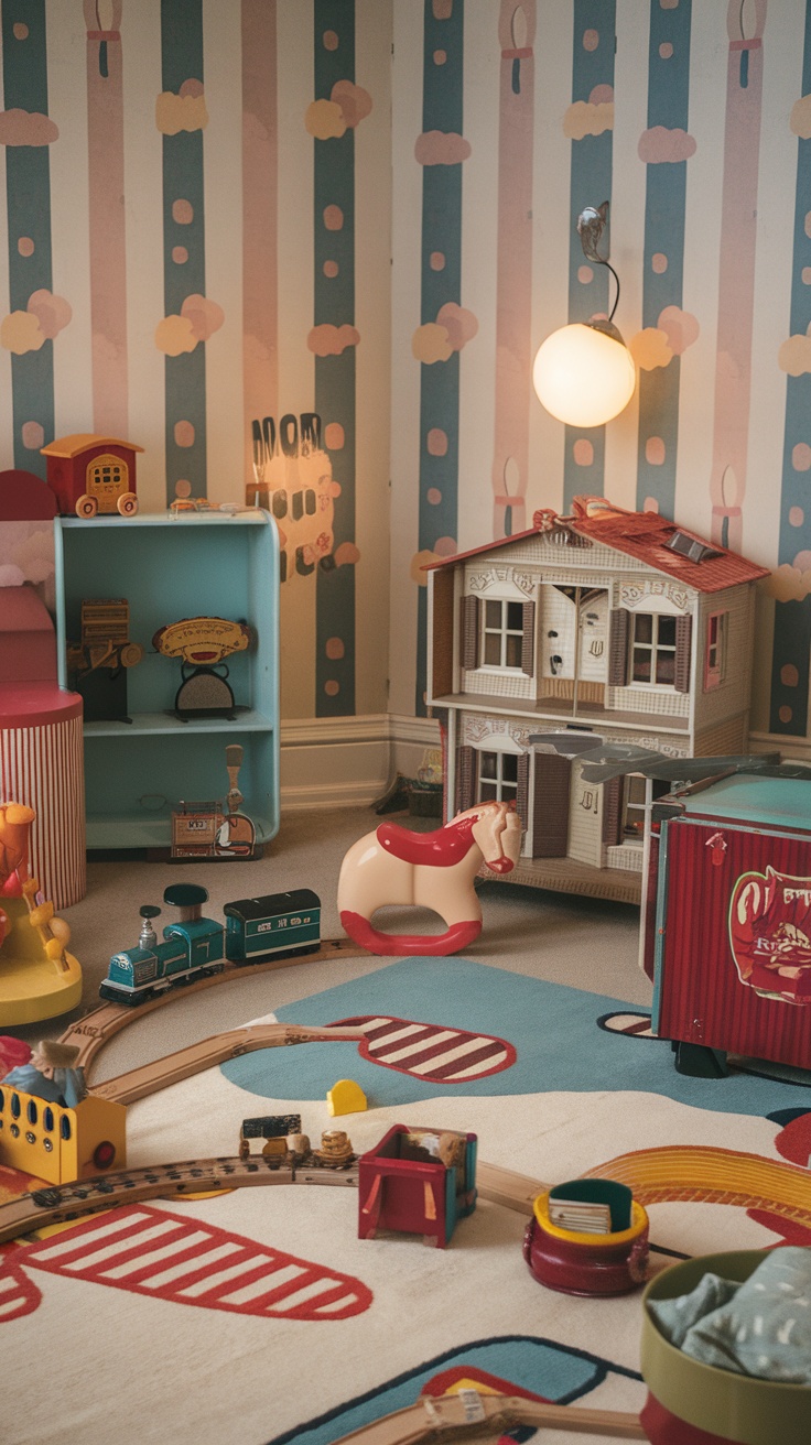 A colorful retro children's room showcasing playful decor and furniture.