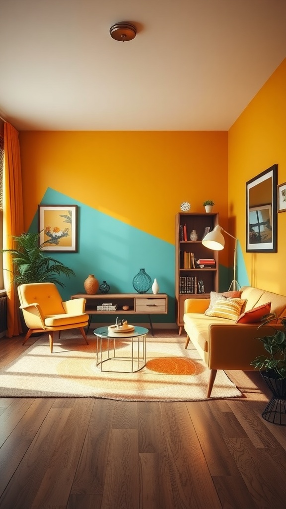 A mid-century modern living room with vibrant orange and turquoise walls, yellow chairs, and wooden furniture.
