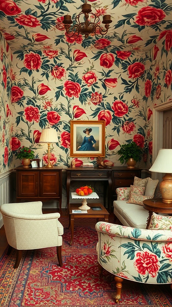 A cozy room with retro floral wallpaper, featuring red and blue flowers, vintage furniture, and warm lighting.