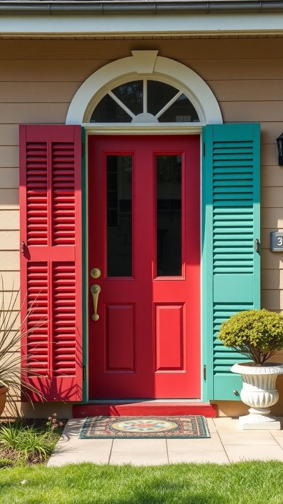 Bright red door with turquoise window shutters and greenery