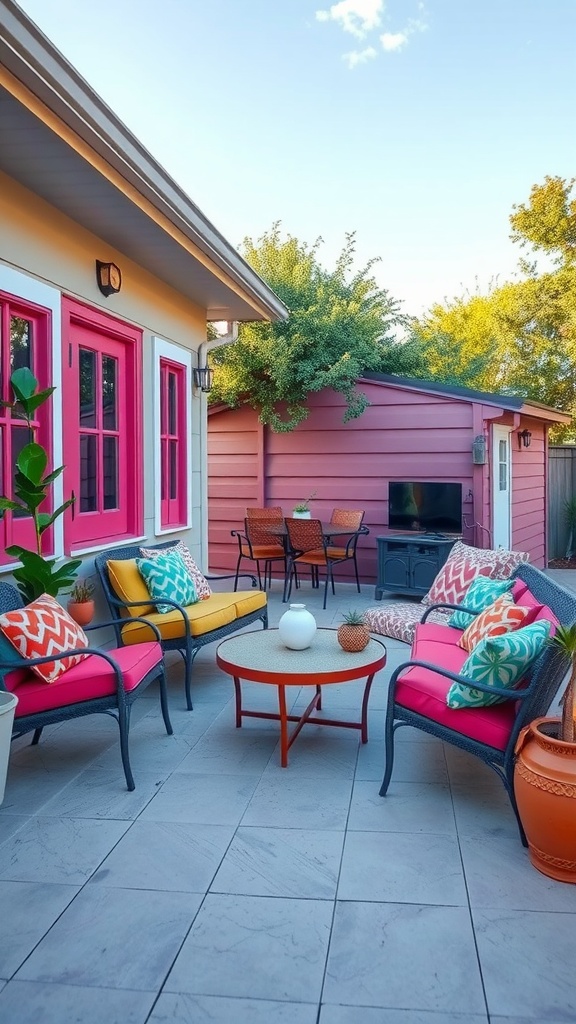 Colorful retro-inspired outdoor seating area with vibrant cushions and plants.