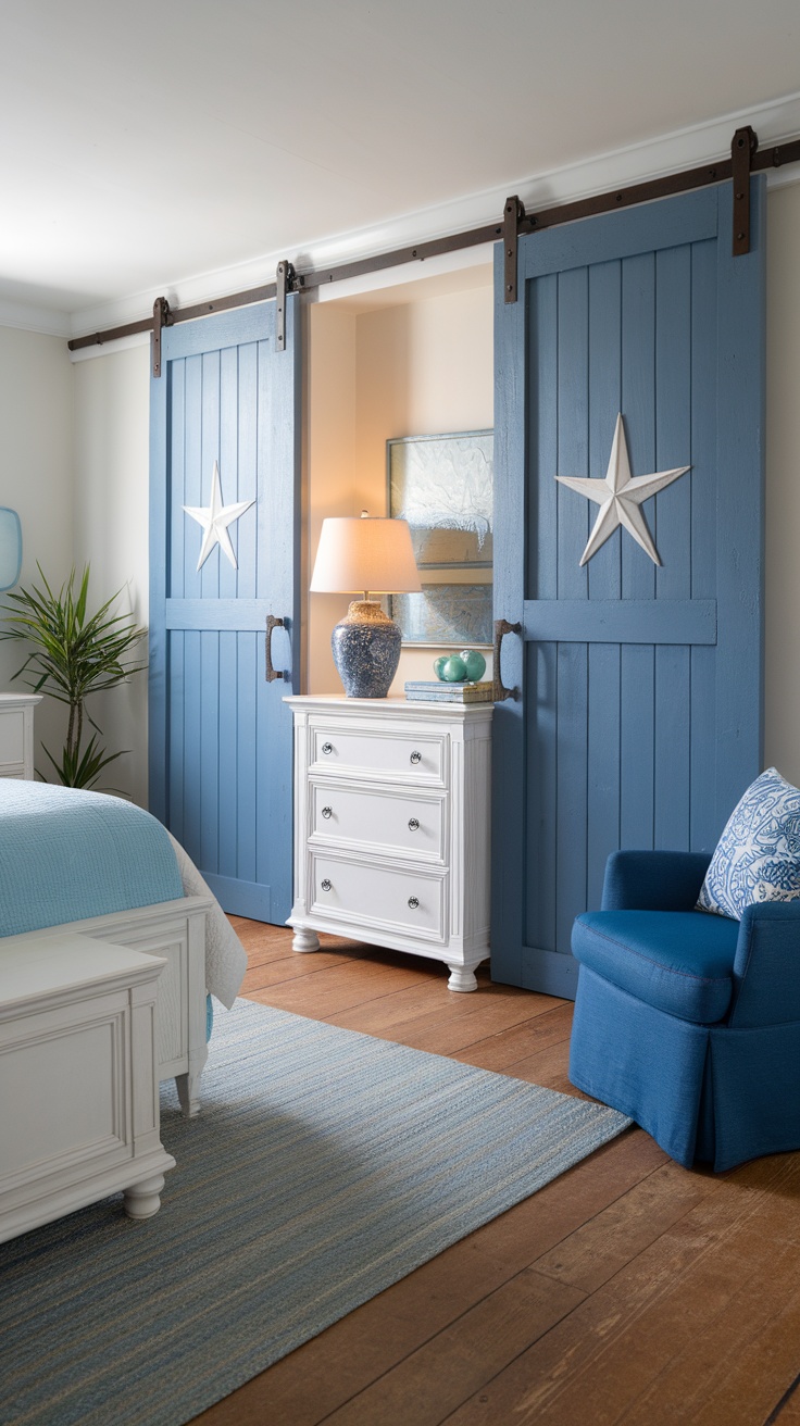 Rustic barn door closets in a coastal bedroom