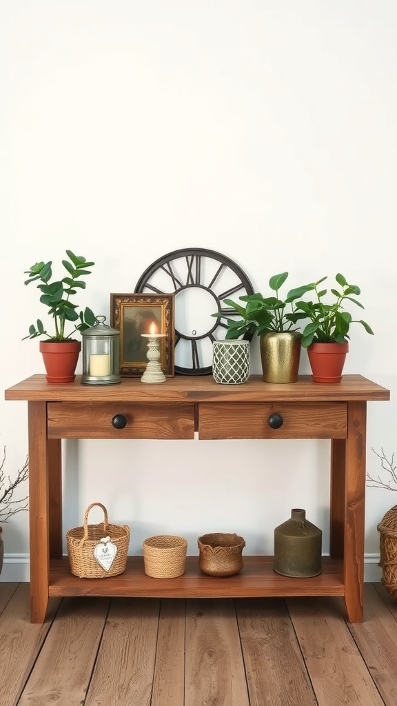 A rustic wooden console table decorated with plants, a candle, and various decorative items.