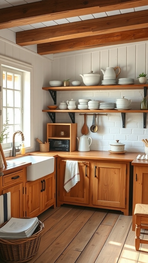 A rustic kitchen with wooden beams, a farmhouse sink, and white dishware on open shelves.