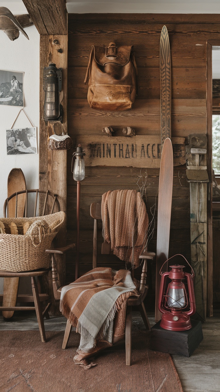 Interior of a rustic mountain lodge with wooden walls, large windows, and cozy seating