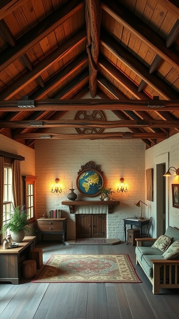 Interior of a cottage with rustic wood beams on the ceiling, warm lighting, and cozy furnishings.