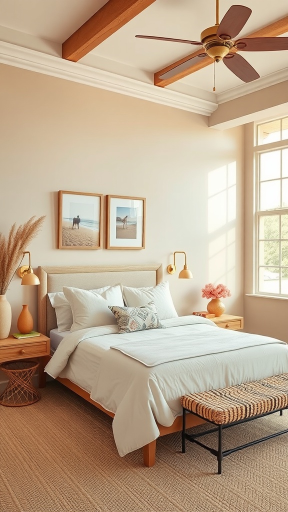 Coastal bedroom with sandy beige walls and coral accents, featuring a comfortable bed and natural decor elements.