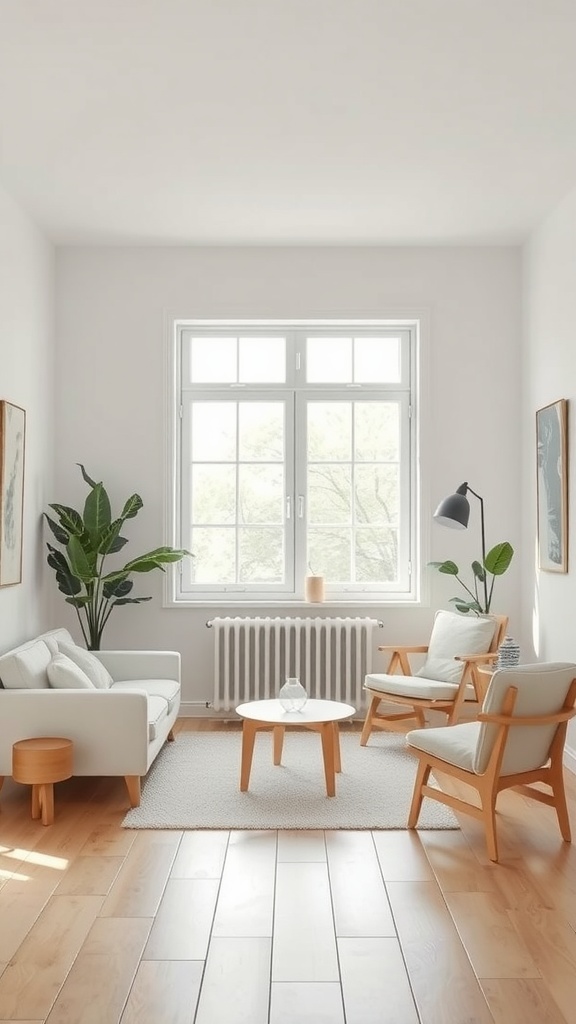 A cozy Scandinavian-style living room with a white sofa, wooden chairs, a round coffee table, and plants.