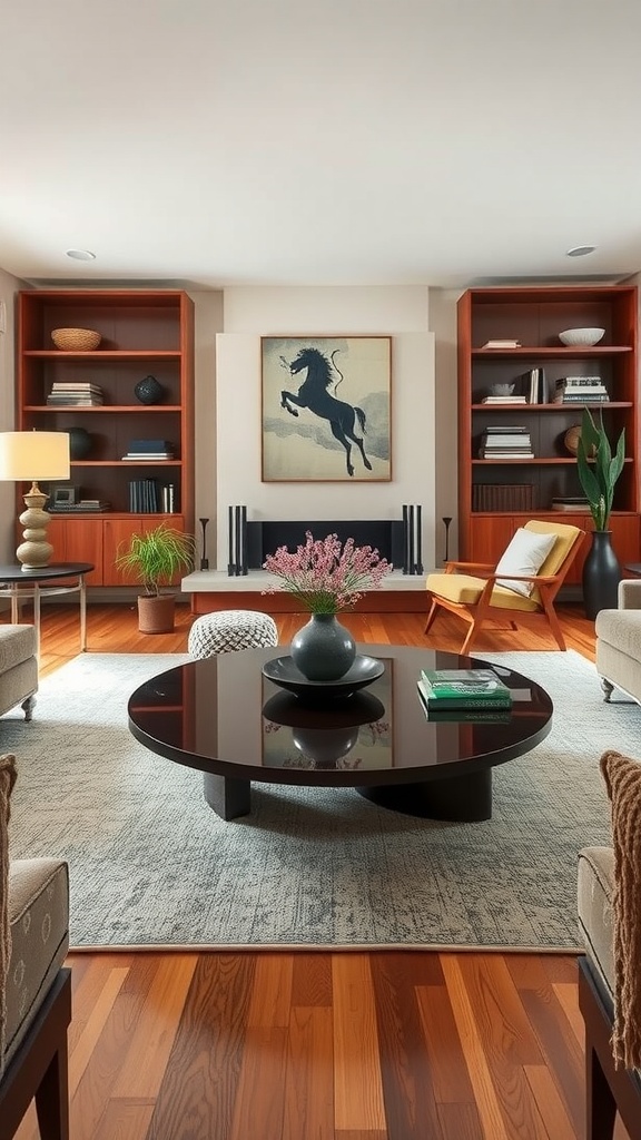 A stylish mid-century modern living room featuring a sculptural coffee table, wooden flooring, and elegant decor.