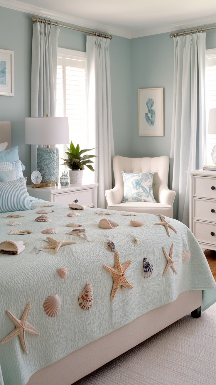 A cozy bedroom decorated with seashells, a starfish, flowers, and a sunburst wall decor.