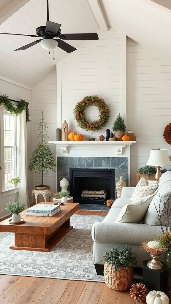 A cozy farmhouse living room decorated for fall with pumpkins, a wreath, and greenery.