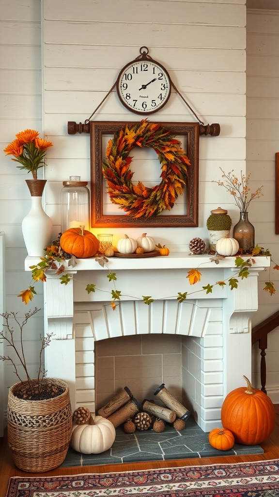 A cozy autumn-themed mantel featuring pumpkins, a wreath, and flowers, creating a warm cottage atmosphere.