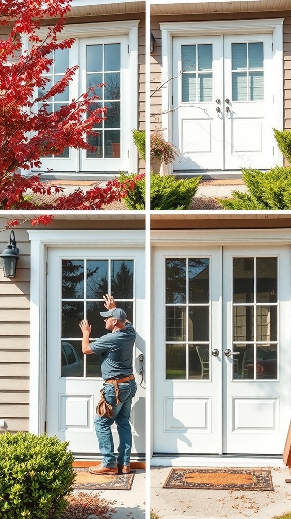 A person performing maintenance on French doors, inspecting the glass panels and frame.