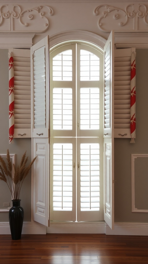 Open white window shutters allowing light into a room with elegant decor