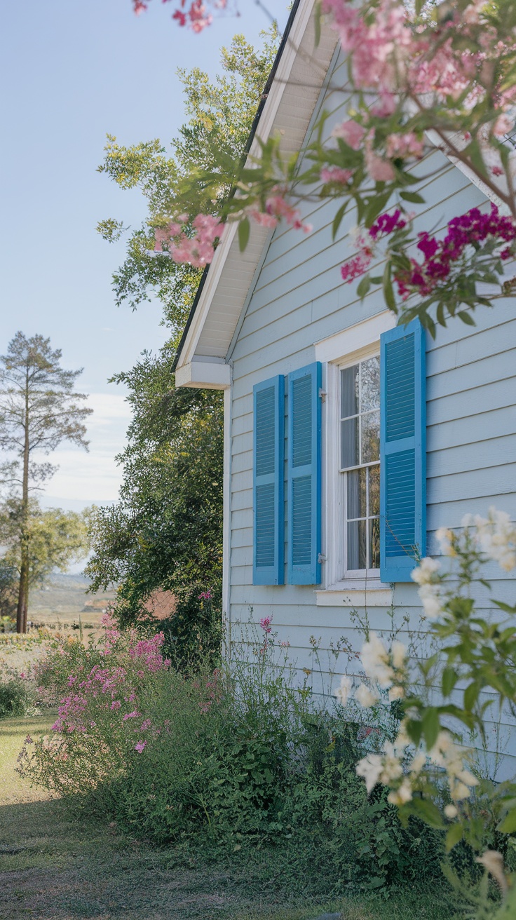 A bright blue window shutter framed by pink roses.