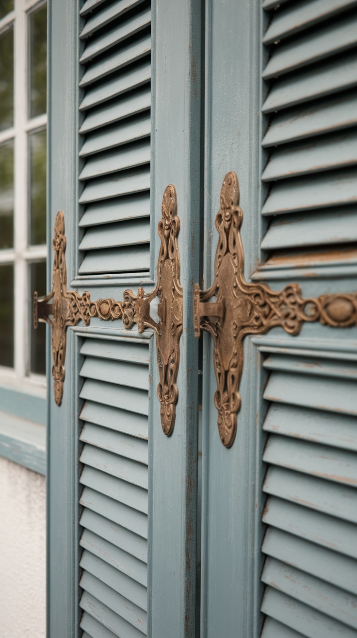 Decorative window shutters with intricate hardware and a soft color palette.