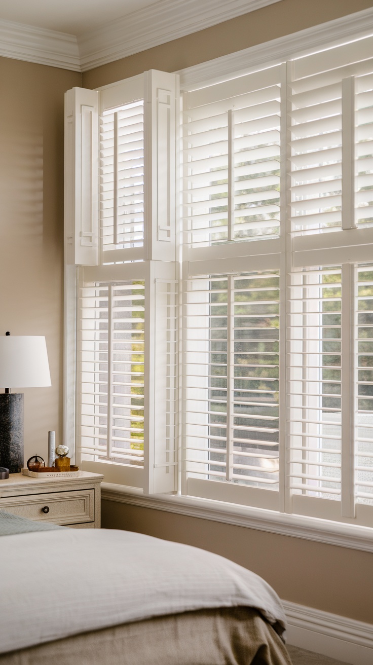 A pair of white window shutters with integrated blinds, featuring horizontal slats and a curved top.