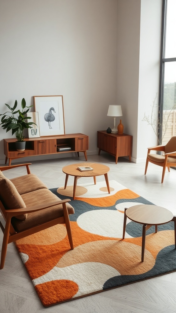 A mid-century modern room with sleek teak furniture, including a sofa, chairs, and tables, complemented by a colorful rug and a large window.