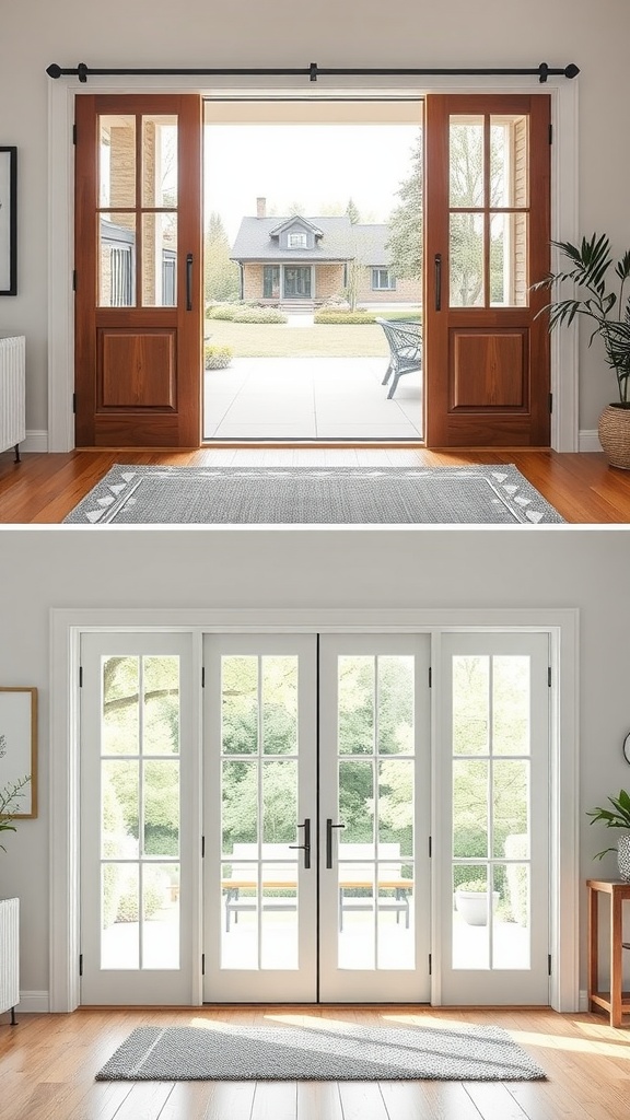 Comparison of hinged and sliding French doors in a home setting
