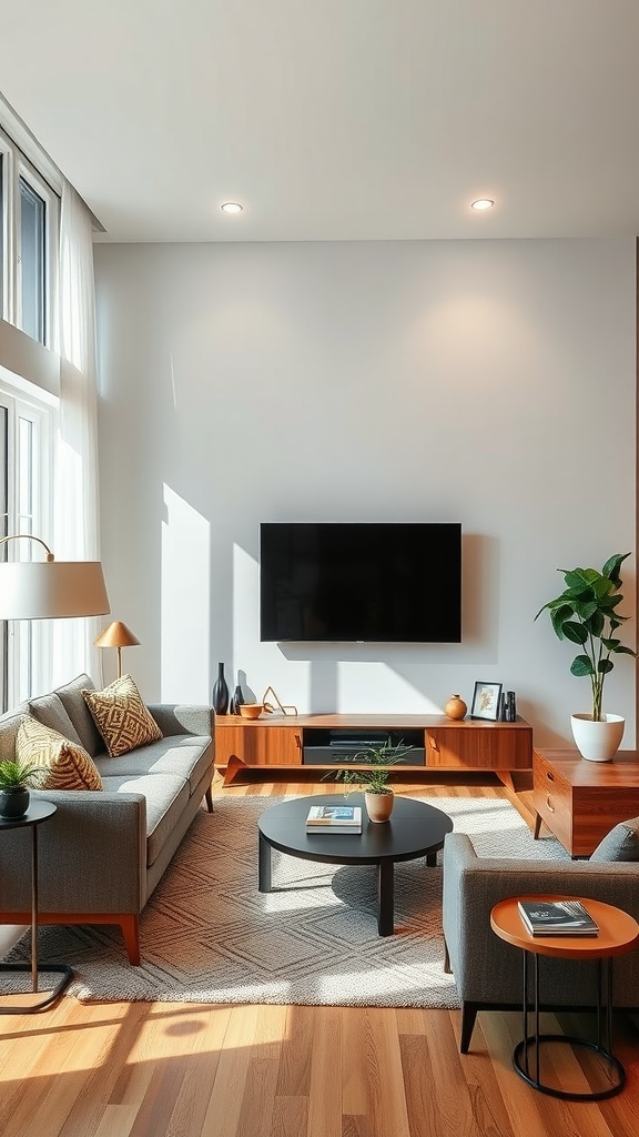 A modern living room with a gray sofa, wooden furniture, and smart TV, showcasing smart home integration.