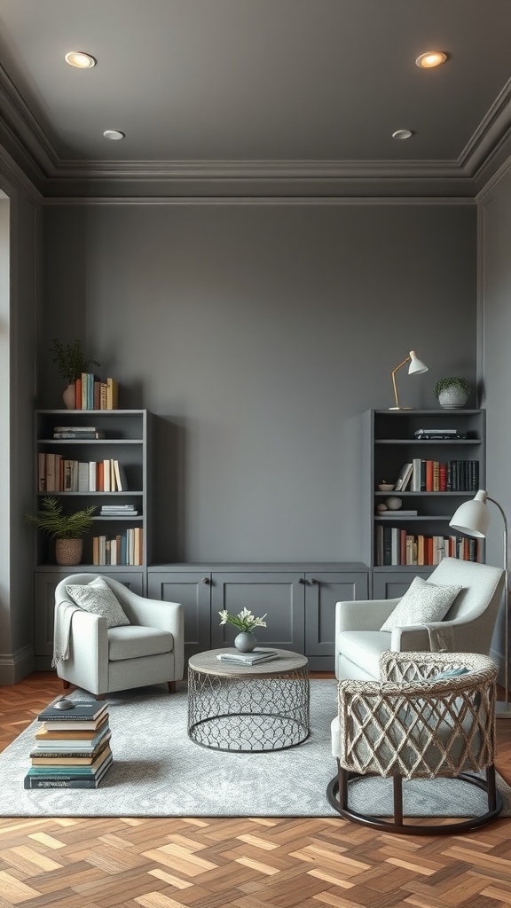 A cozy living room with smoky gray walls and light taupe furniture, featuring bookshelves and a coffee table.