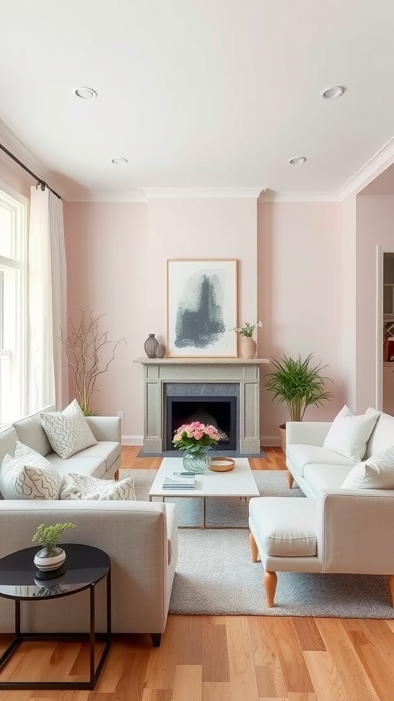 A light and airy living room featuring soft blush walls and light gray furniture, with wooden flooring and plants.