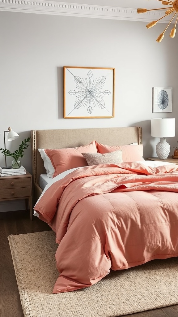 A cozy bedroom featuring soft coral bedding and light gray walls, complemented by minimal decor and natural elements.
