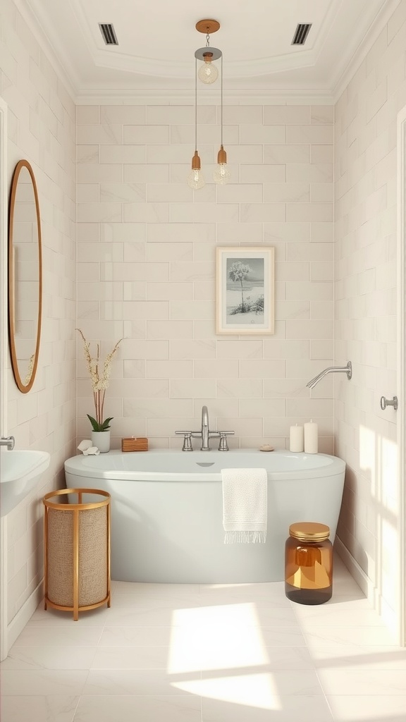 A serene bathroom featuring soft ivory tiles, light taupe accents, and a stylish bathtub.