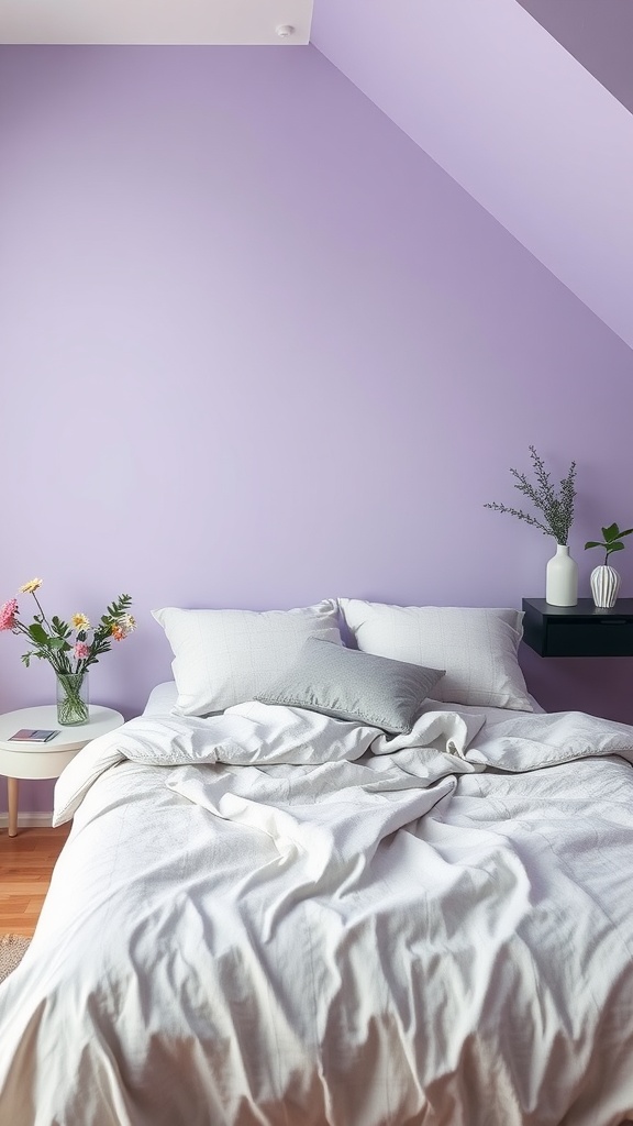 A cozy bedroom featuring soft lavender walls, white bedding, and a gray pillow with a side table holding flowers