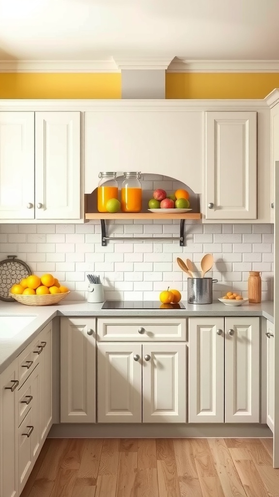 A bright kitchen with light gray cabinets and yellow accents, featuring fruits and jars on display.