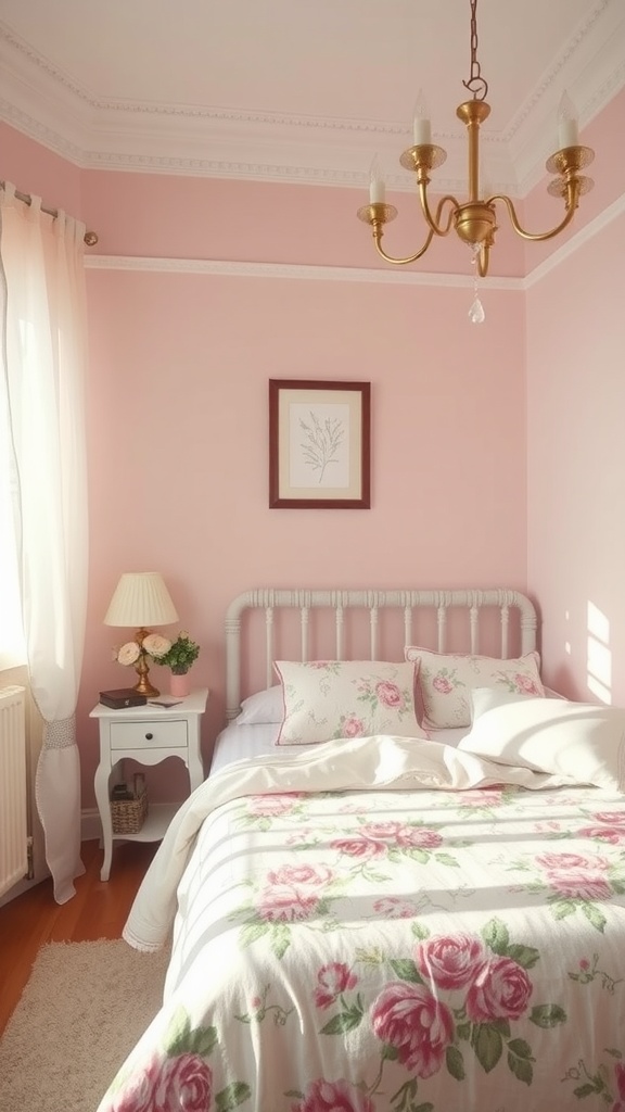 A cozy bedroom featuring soft pink walls, floral bedding, and a vintage chandelier.