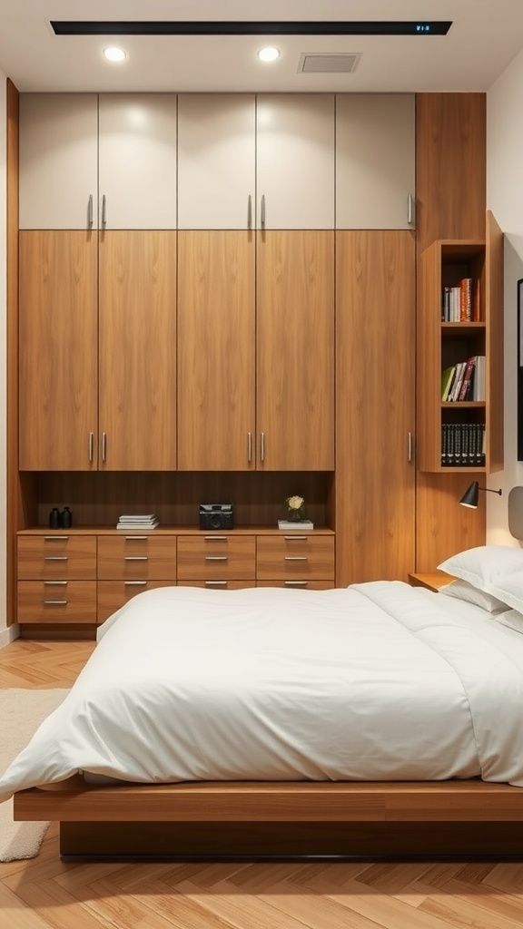 A modern bedroom with wooden storage cabinets and a bed, showcasing mid-century design.