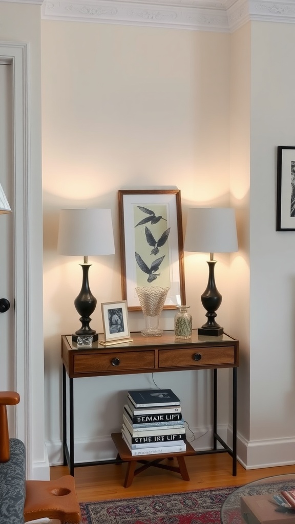 A stylish corner console table with two lamps, a framed print, and stacked books.
