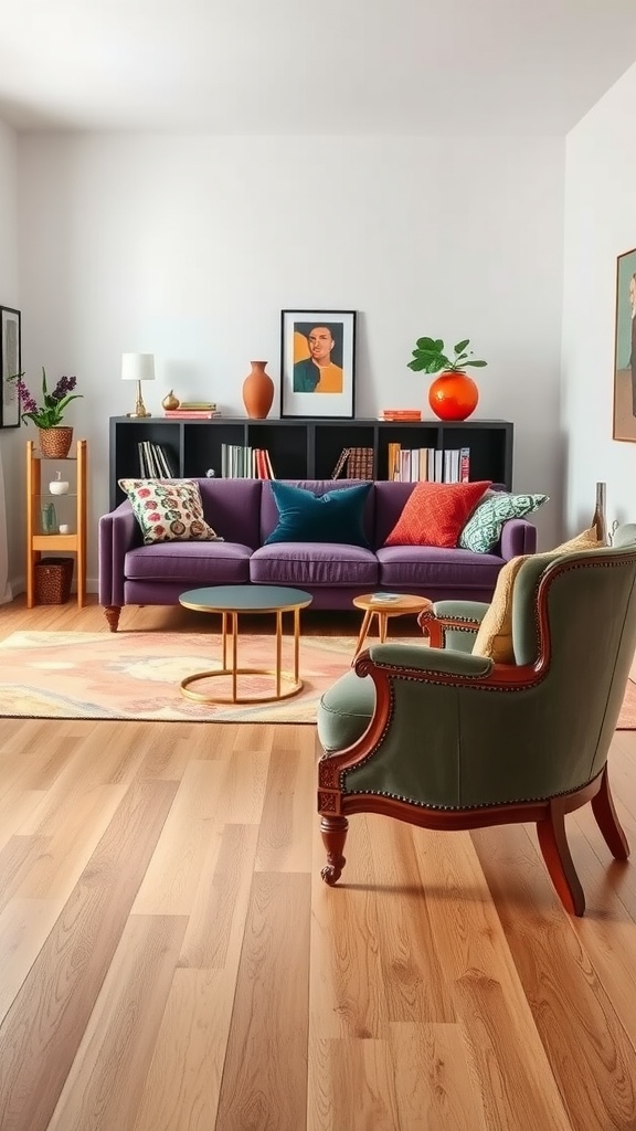 A stylish living room featuring a bold purple sofa, green armchair, and colorful decor.