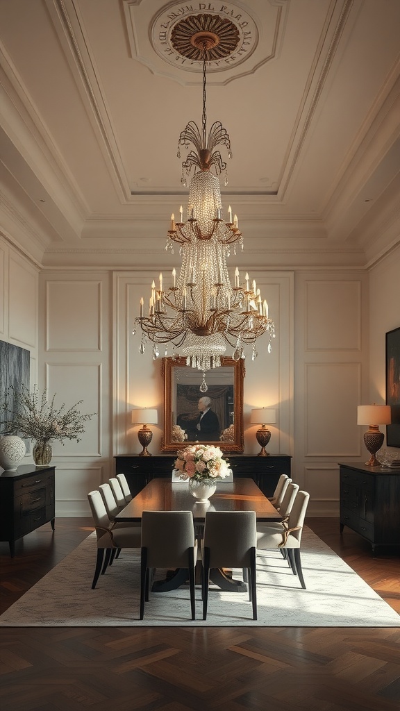 A luxurious chandelier hangs from a detailed ceiling, illuminating a stylish dining area with a dark wood table and elegant chairs.